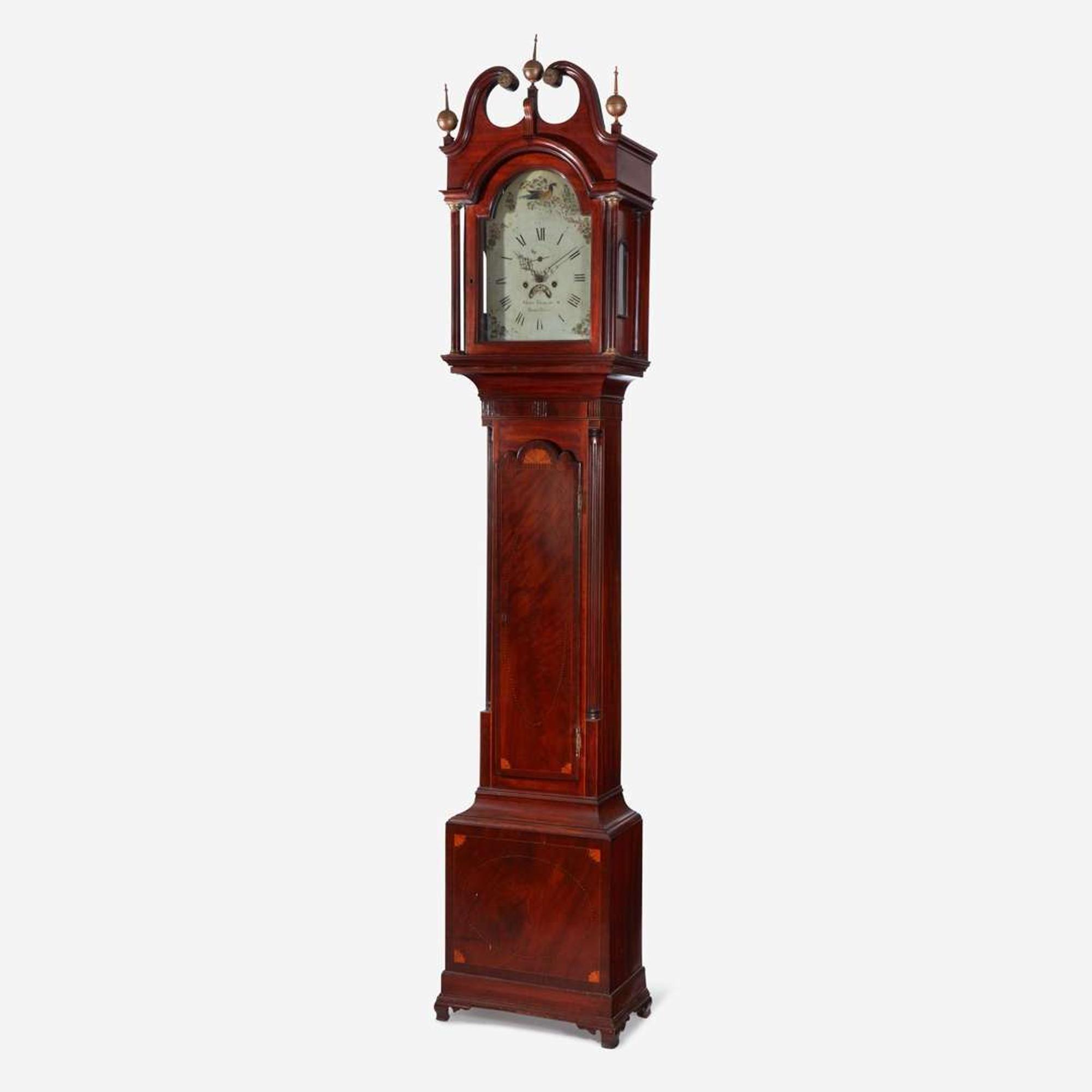 A Federal inlaid mahogany tall case clock Works by John Brokaw, Bridge Town, what is now Rahway, NJ, circa 1800