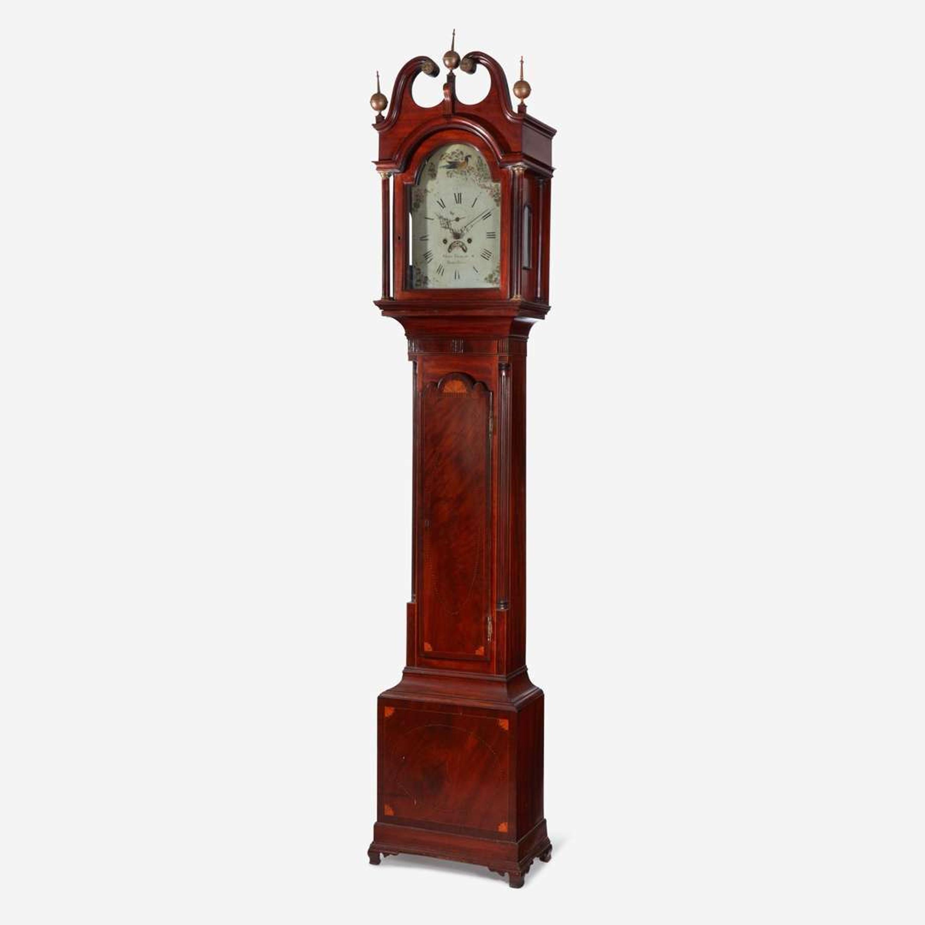 A Federal inlaid mahogany tall case clock Works by John Brokaw, Bridge Town, what is now Rahway, NJ, circa 1800