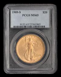 A United States 1909-S St. Gaudens $20 Gold Coin