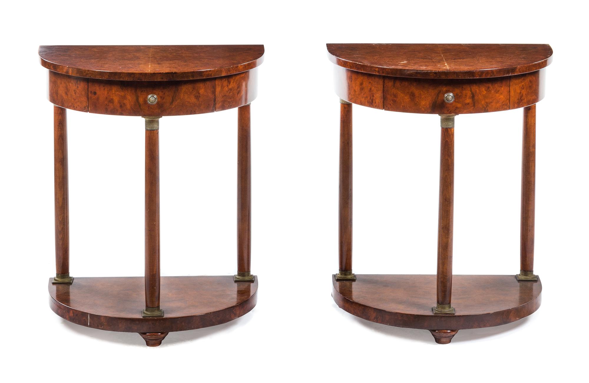 A Pair of Empire Style Burlwood Console Tables Height 26 3/4 x width 22 1/8 x depth 14 1/8 inches. — ITALIAN, 20TH CENTURY