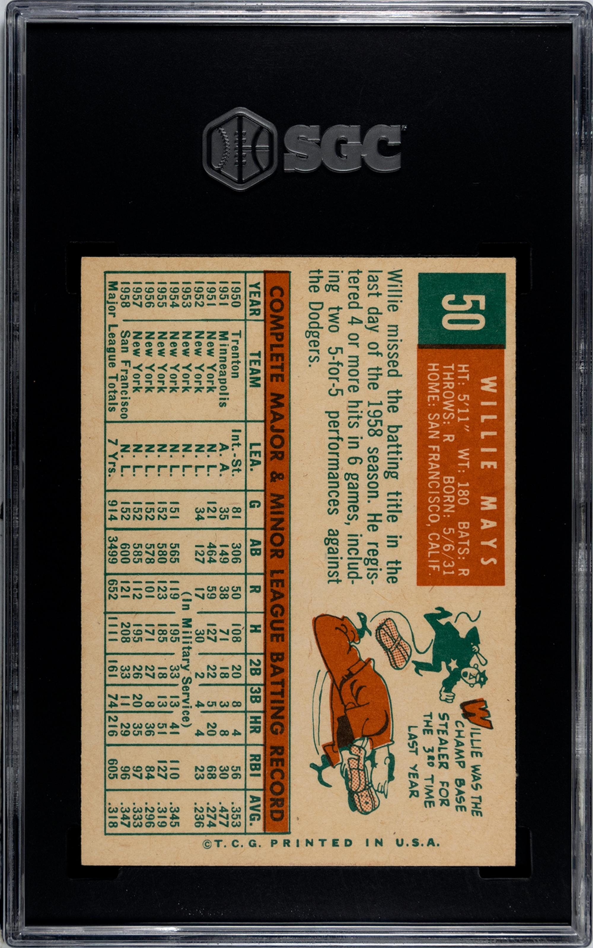 A 1959 Topps Willie Mays Baseball Card No. 50 (SGC 7 NRMT)