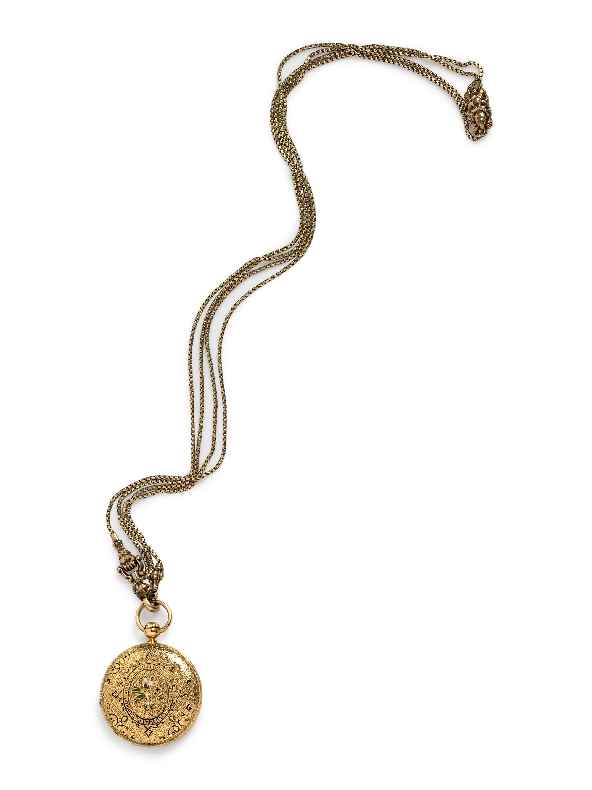 An Antique 18 Karat Yellow Gold and Enamel 'Ponts de Martel' Hunter Case Pocket Watch, Augustin Perrenoud, with Longchain Necklace,