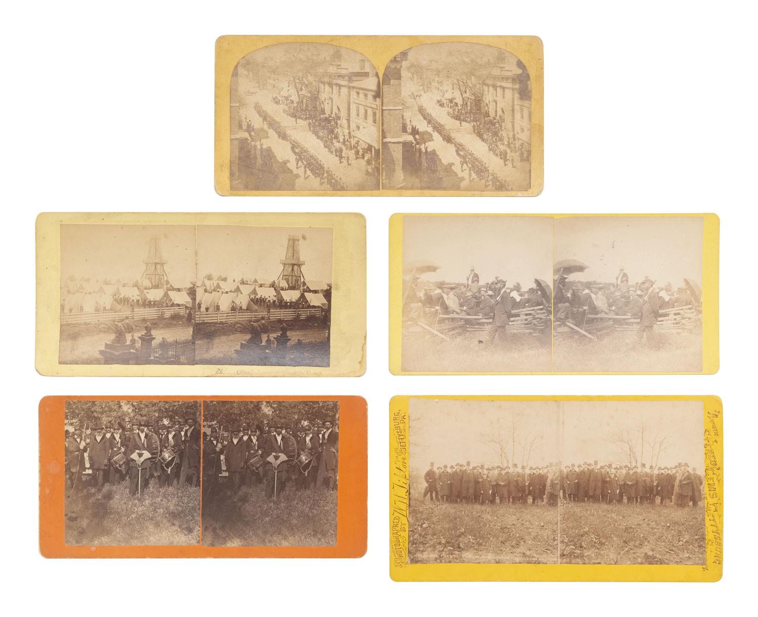 [CIVIL WAR]. 5 postwar stereoviews related to veteran's gatherings, reunions, and the GAR.