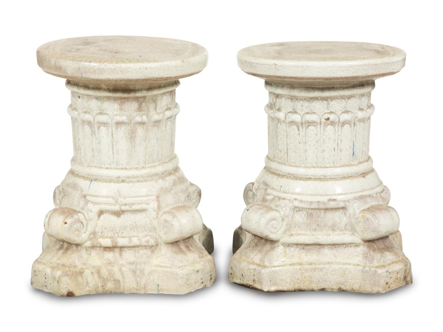 A Pair of Italian Glazed Ceramic Columnar Low Pedestals