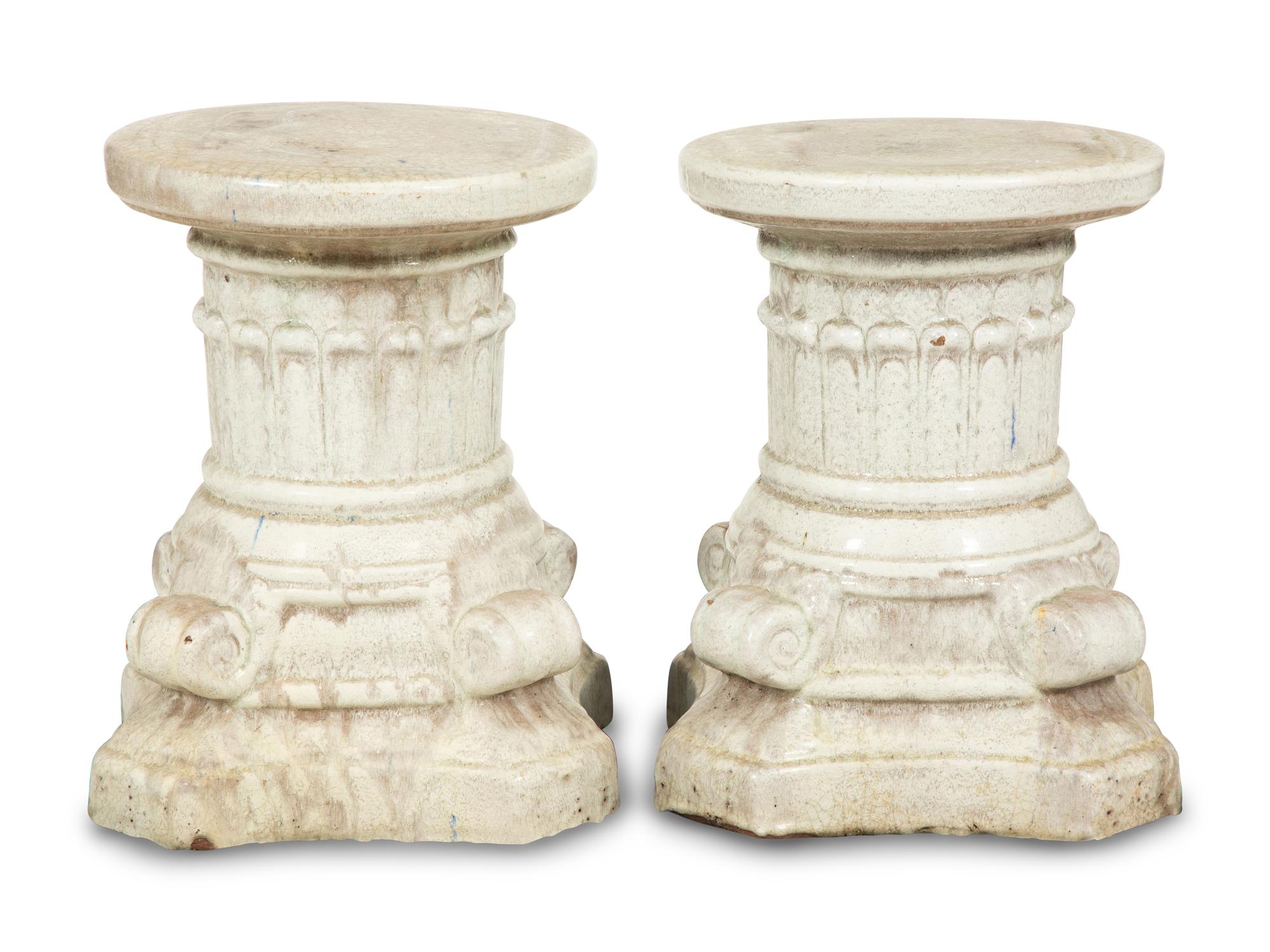 A Pair of Italian Glazed Ceramic Columnar Low Pedestals