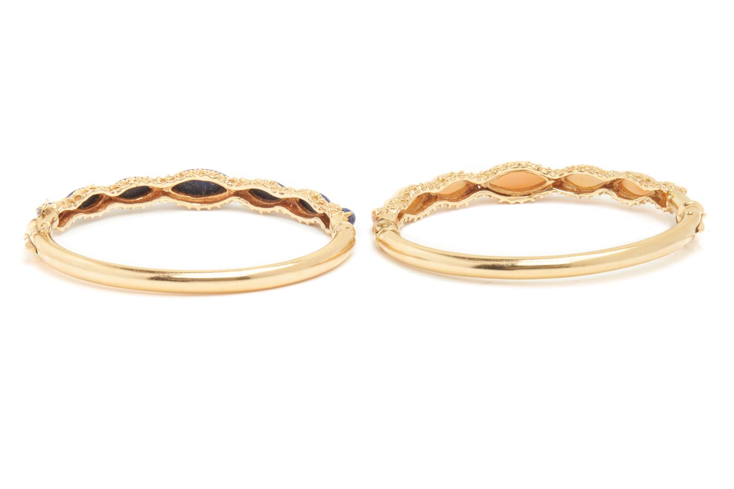 PAIR OF YELLOW GOLD AND GEMSTONE BANGLE BRACELETS