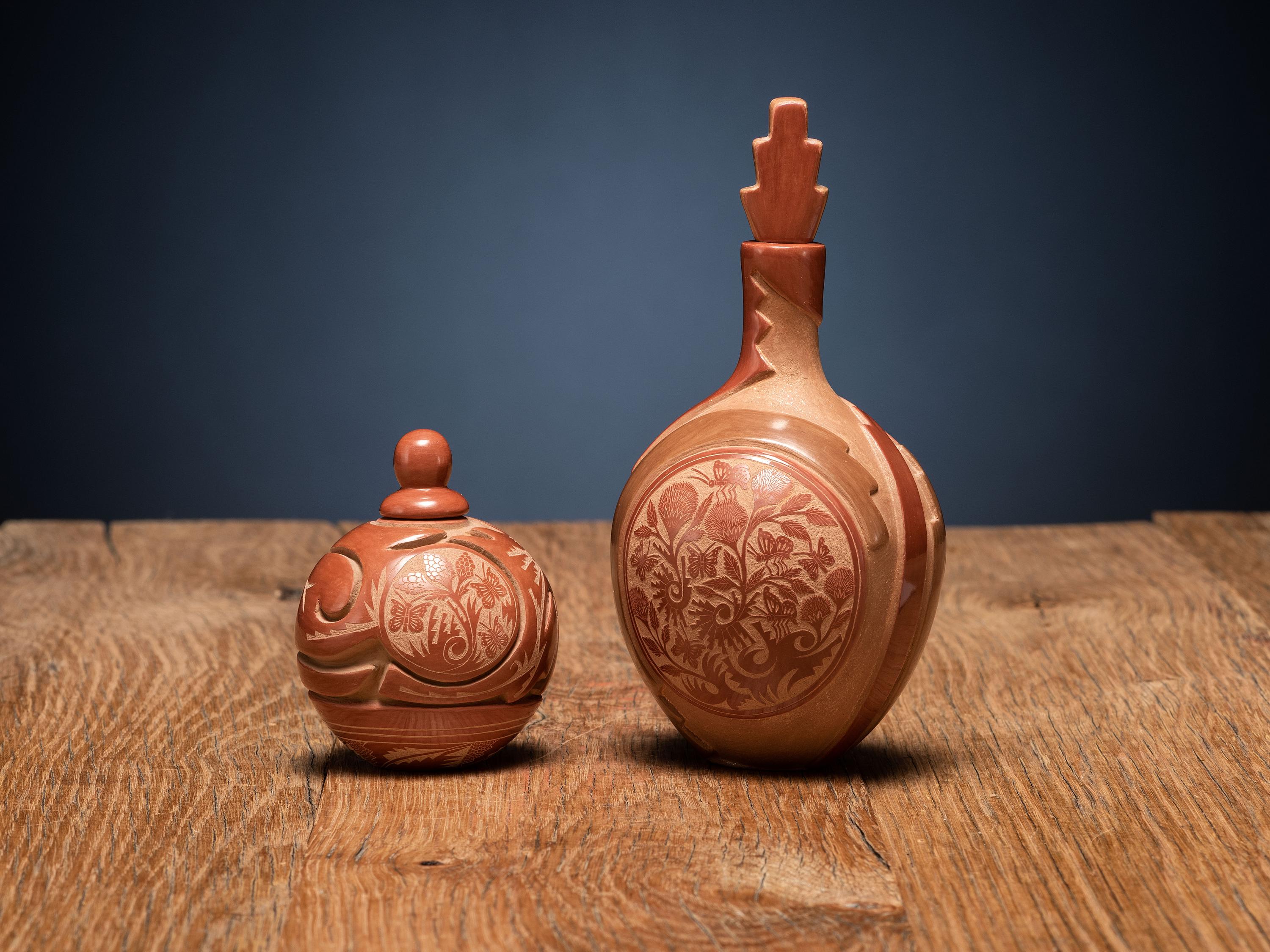 Redware Sgraffito Pottery Perfume Bottles