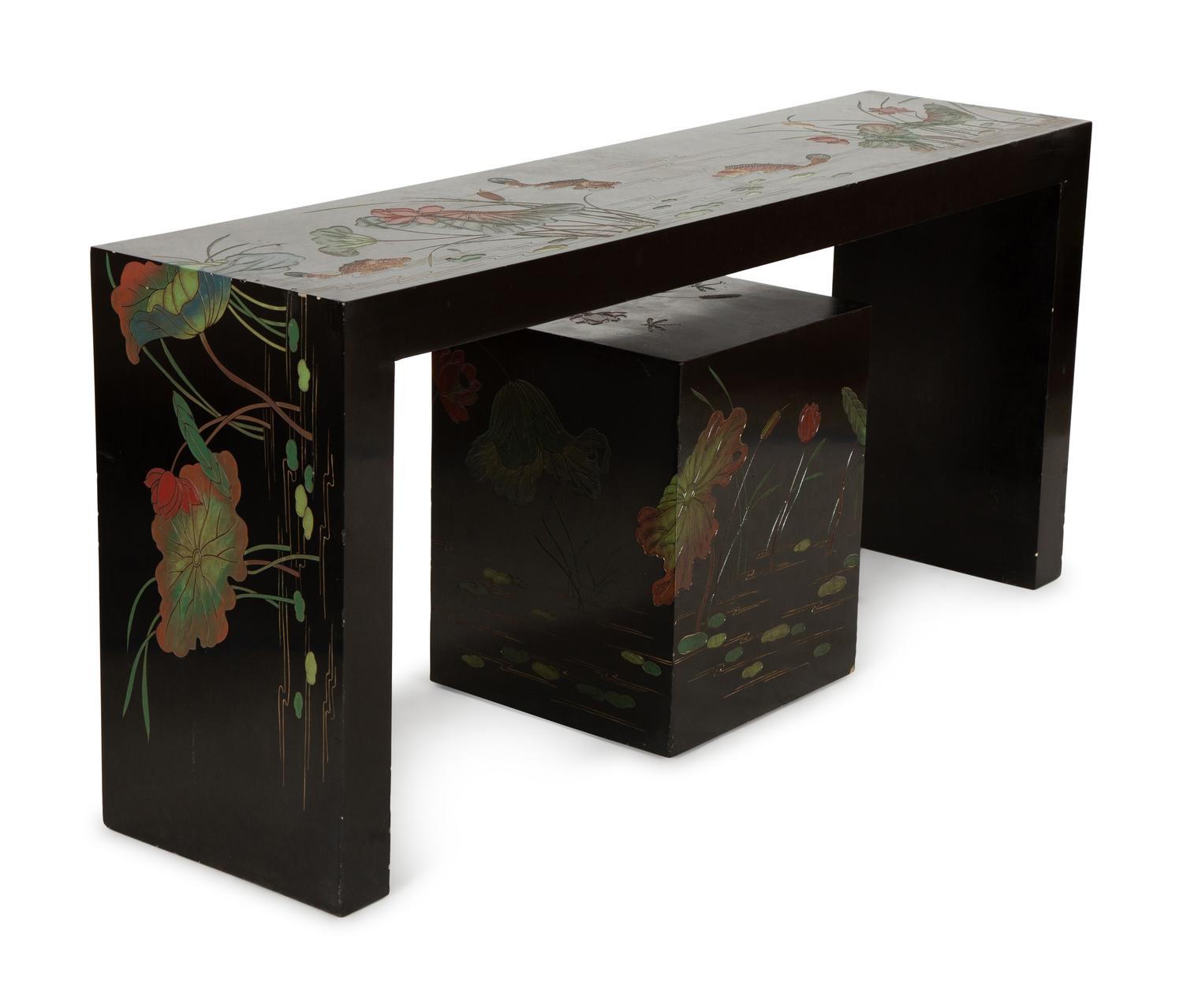 Two Chinese Black Lacquer Tables with Polychrome Lotus Flower and Dragon Fly Decoration — 20th Century