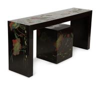 Two Chinese Black Lacquer Tables with Polychrome Lotus Flower and Dragon Fly Decoration — 20th Century