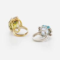 A Set of Two Gold Rings with Diamonds and Gemstones