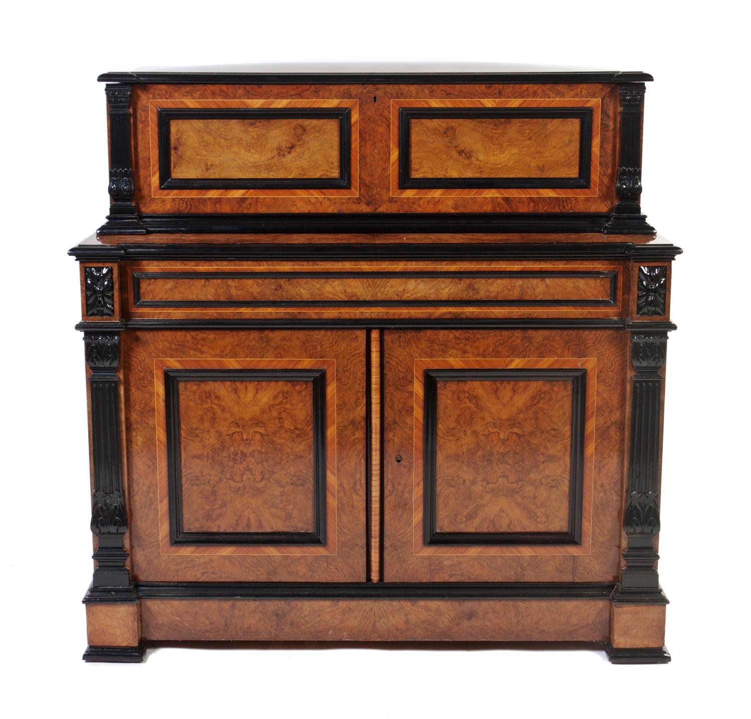 A Swiss Burlwood and Ebonized Interchangeable Cylinder Music Box with Cabinet, Ami Rivenc, Height 48 x width 38 x depth 28 inches.