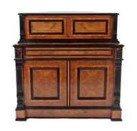 A Swiss Burlwood and Ebonized Interchangeable Cylinder Music Box with Cabinet, Ami Rivenc, Height 48 x width 38 x depth 28 inches.