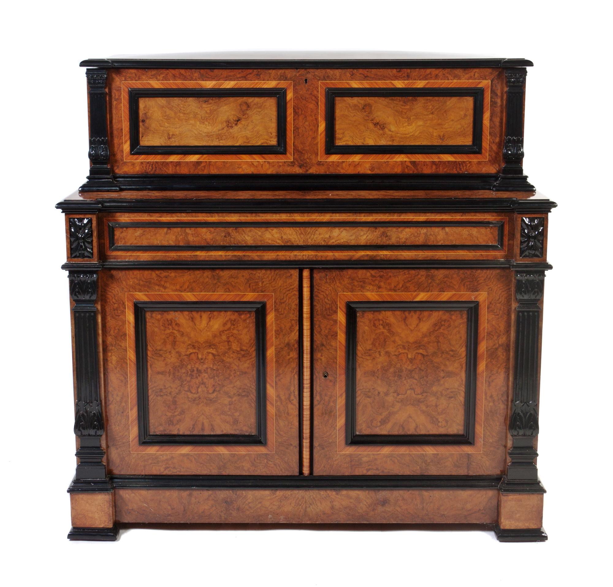 A Swiss Burlwood and Ebonized Interchangeable Cylinder Music Box with Cabinet, Ami Rivenc, Height 48 x width 38 x depth 28 inches.