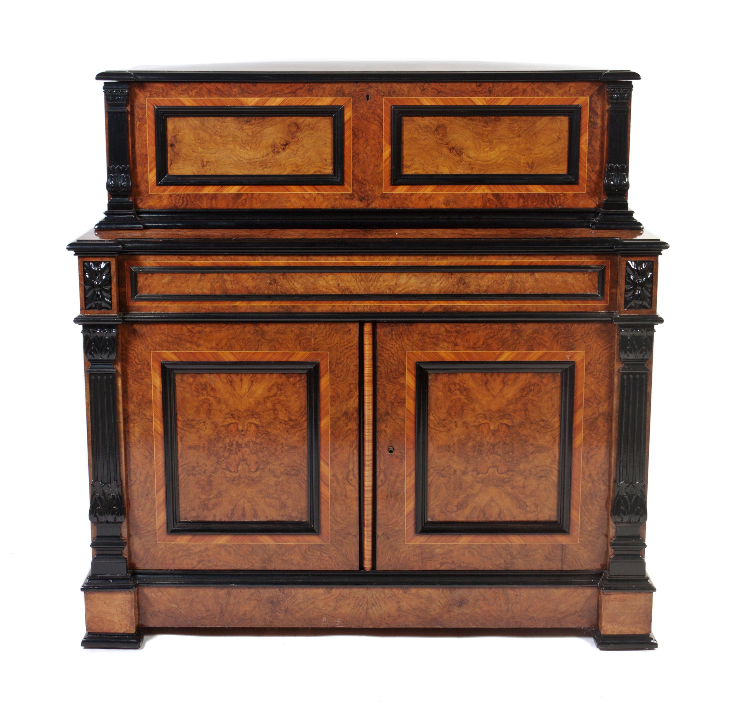 A Swiss Burlwood and Ebonized Interchangeable Cylinder Music Box with Cabinet, Ami Rivenc, Height 48 x width 38 x depth 28 inches.