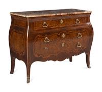 An Italian Walnut and Marquetry Marble-Top Bombé Bureau Commode