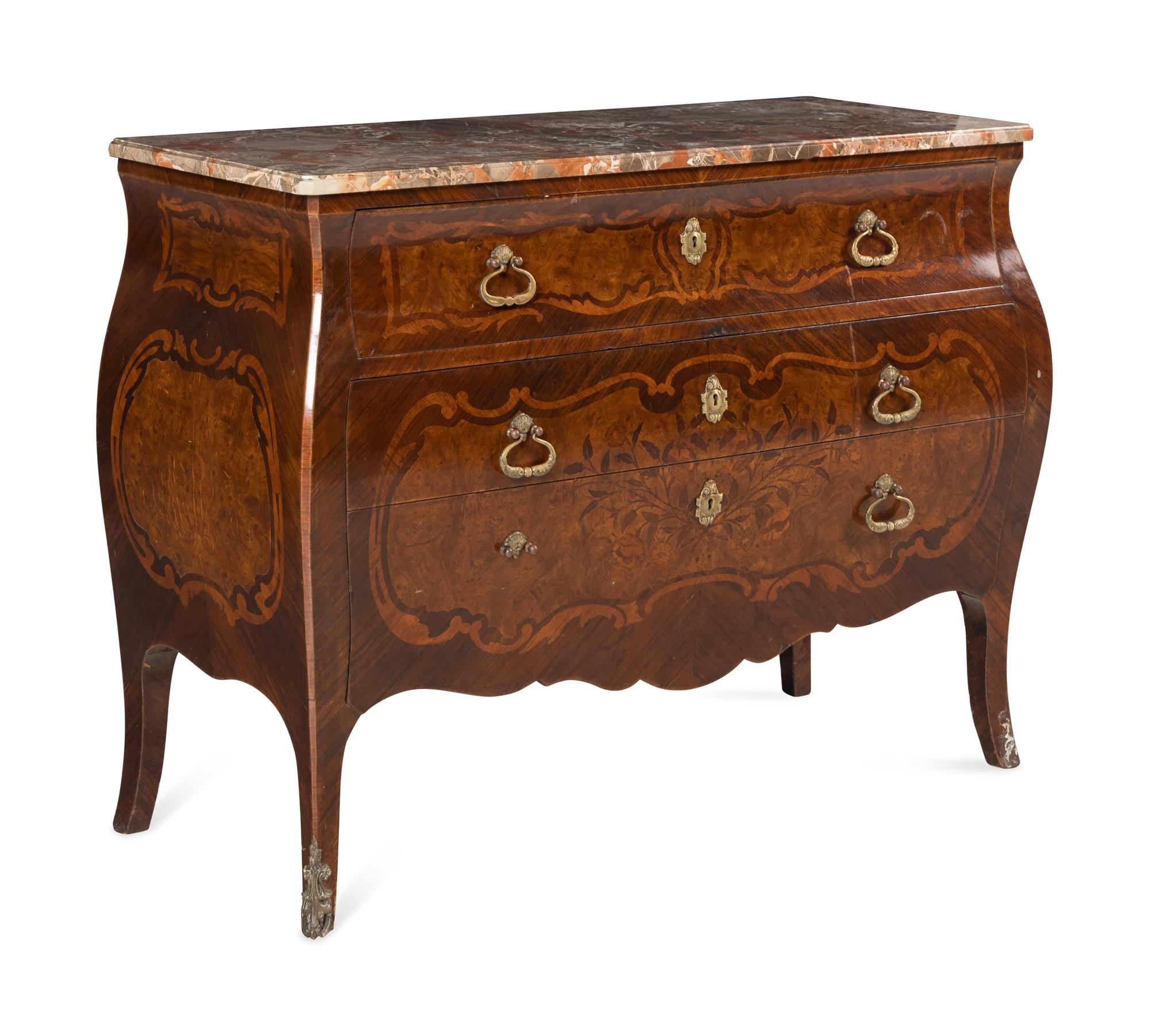 An Italian Walnut and Marquetry Marble-Top Bombé Bureau Commode
