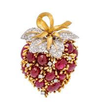 A Bicolor Gold, Ruby and Diamond Strawberry Brooch, 22.55 dwts.