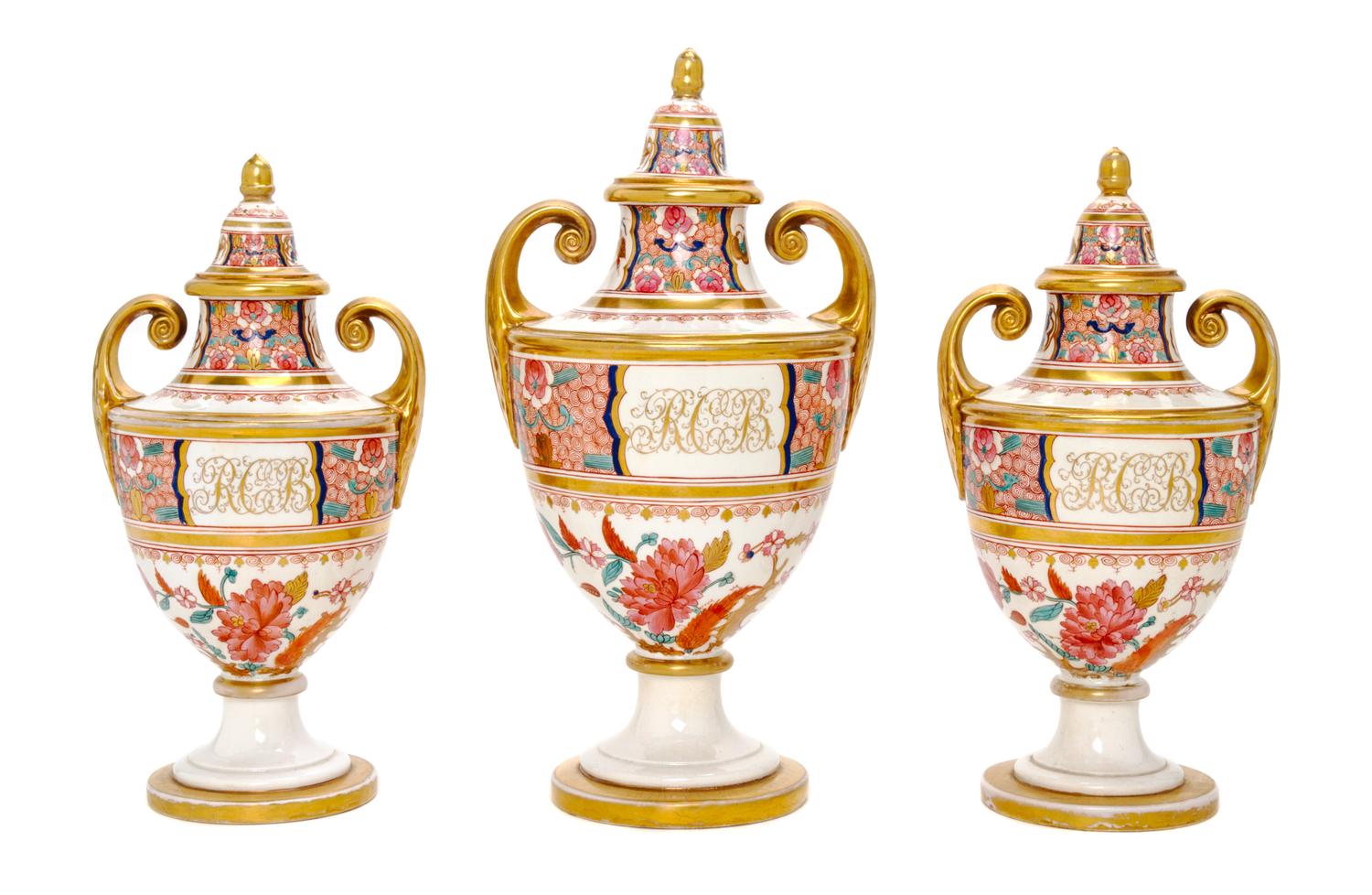An English Porcelain Three-Piece Garniture, POSSIBLY DERBY, LATE 18TH CENTURY, Height of tallest 12 inches. — POSSIBLY DERBY, LATE 18TH CENTURY,