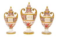 An English Porcelain Three-Piece Garniture, POSSIBLY DERBY, LATE 18TH CENTURY, Height of tallest 12 inches. — POSSIBLY DERBY, LATE 18TH CENTURY,