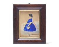 English School 19th Century, A Portrait Miniature of a Young Girl in Blue Dress Identified as Christiana Taylor