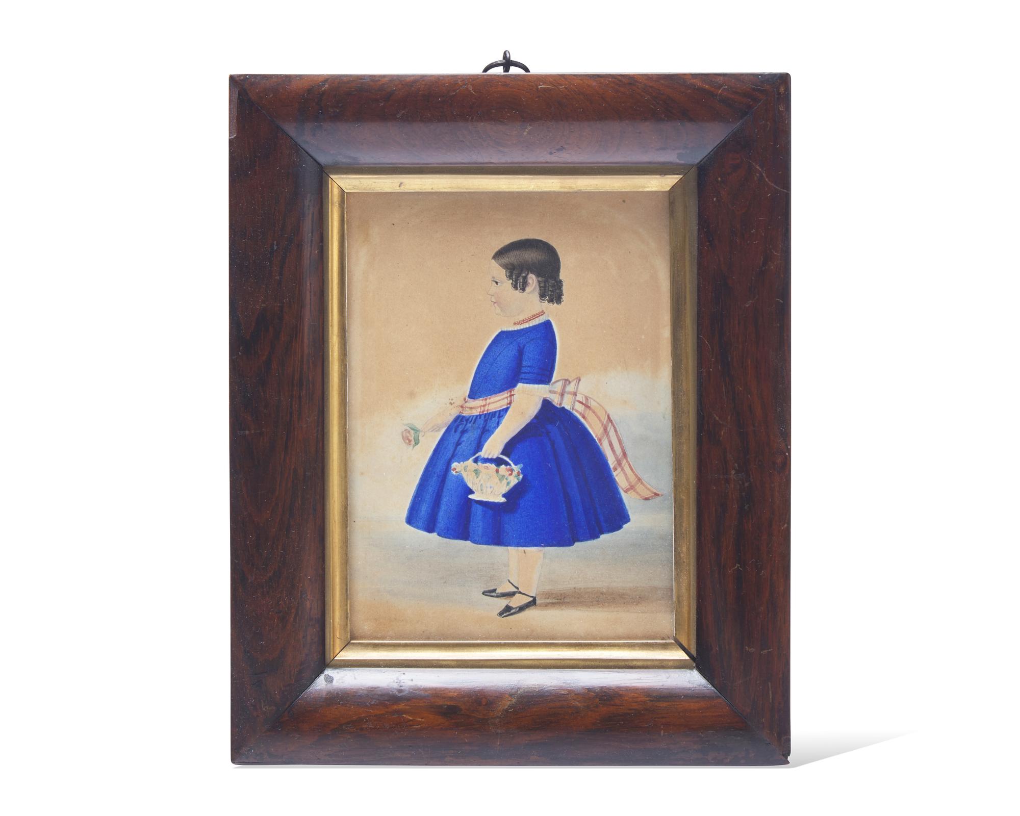English School 19th Century, A Portrait Miniature of a Young Girl in Blue Dress Identified as Christiana Taylor