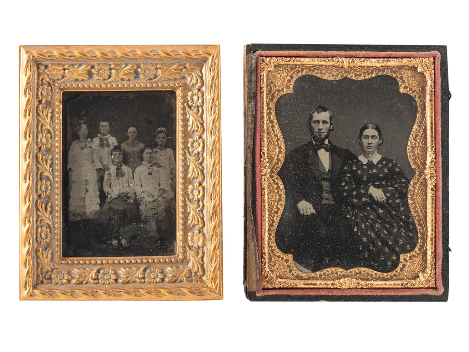 [EARLY PHOTOGRAPHY]. A group of 19 daguerreotypes, ambrotypes, tintypes, and CDVs featuring women, a family, and couples, highlighted by half plate daguerreotype of a young couple.