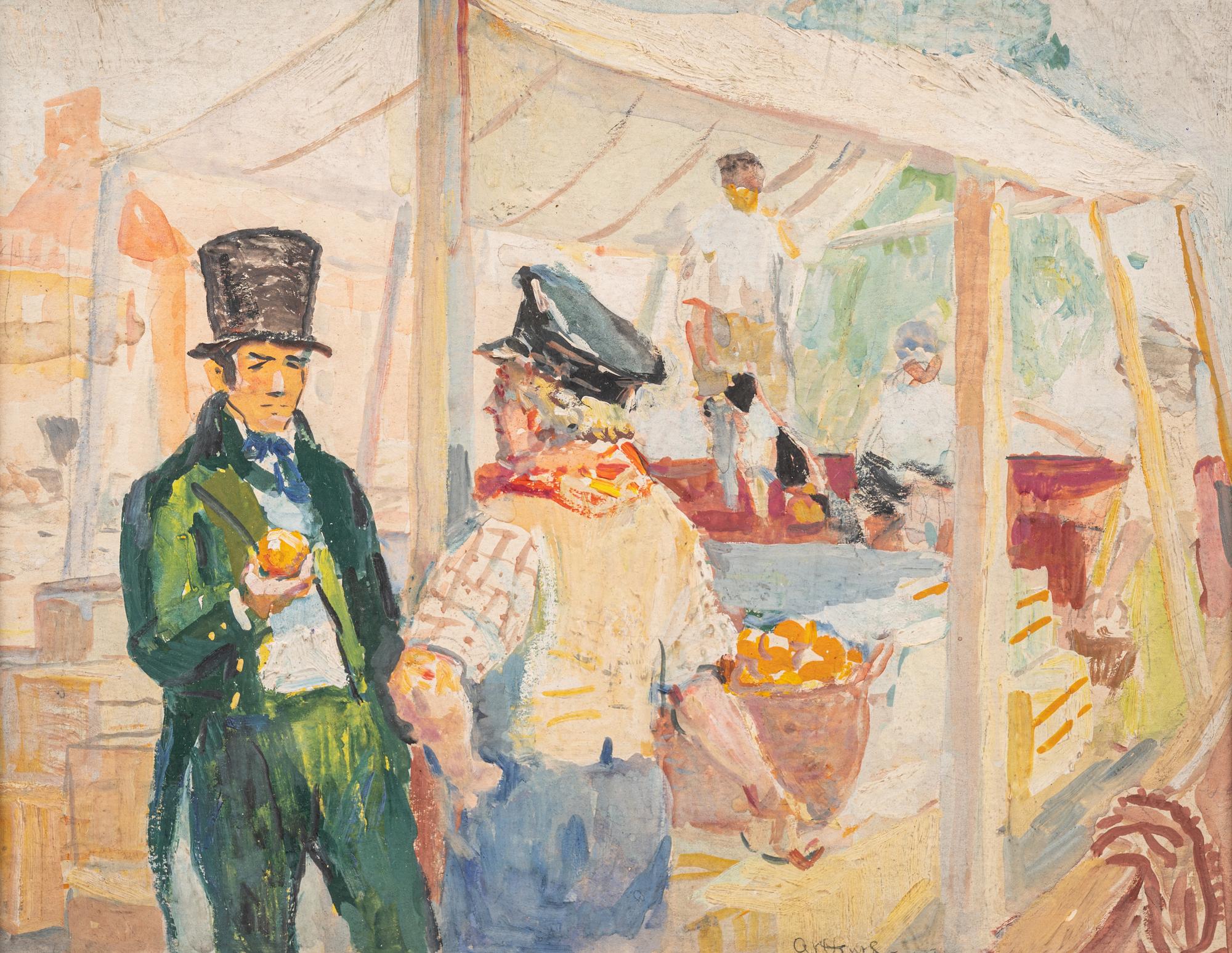 Man in Green Suit and Top Hat Buying Fruit From Vendor