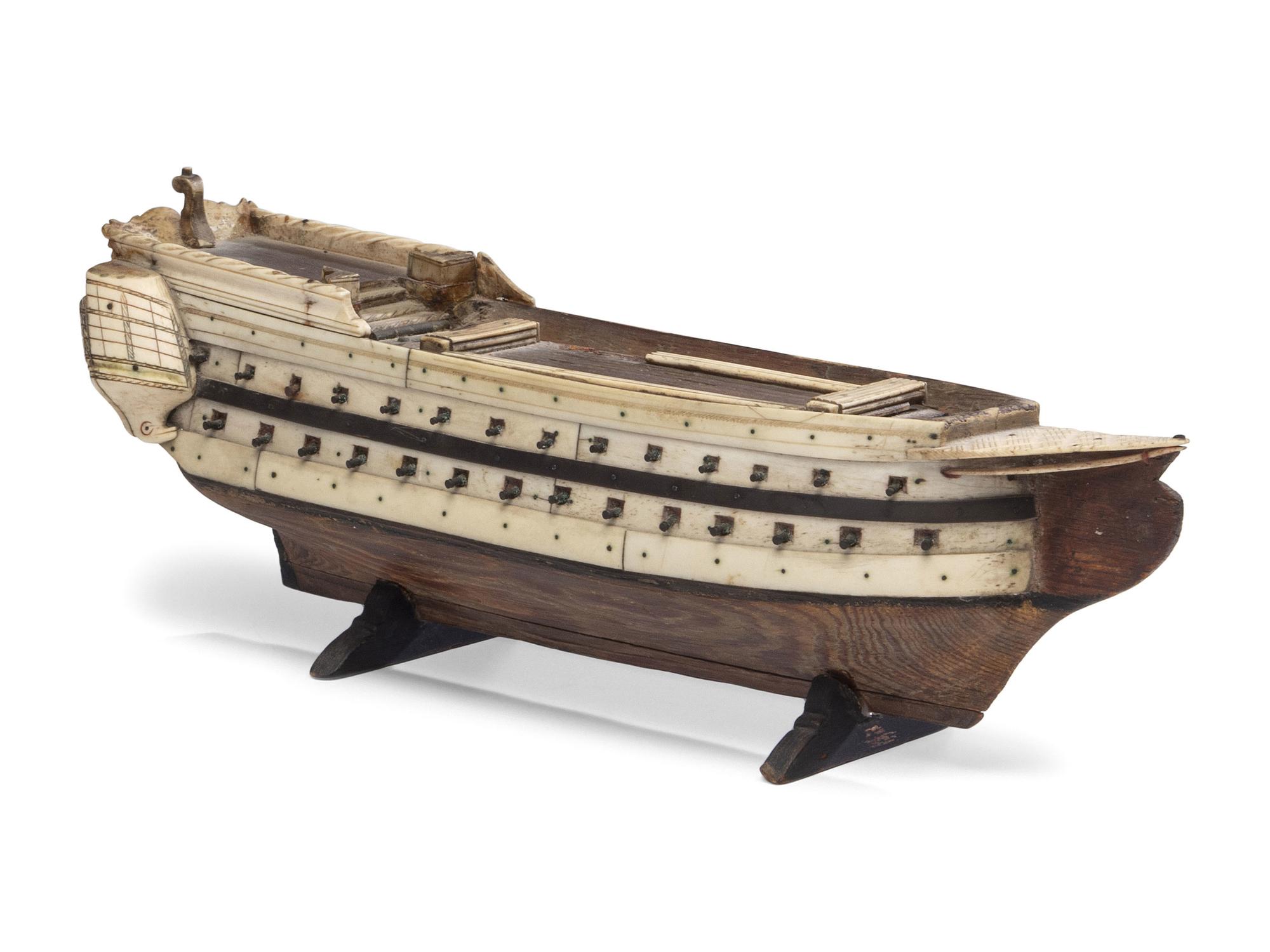 A French Prisoner of War Fruitwood and Bone Model Gunship