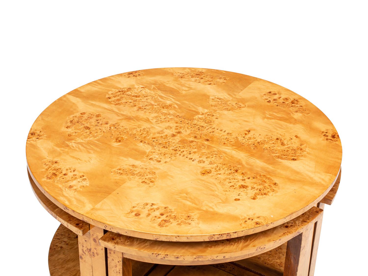 A Continental Burl Birch Five-Piece Low Nesting Table
