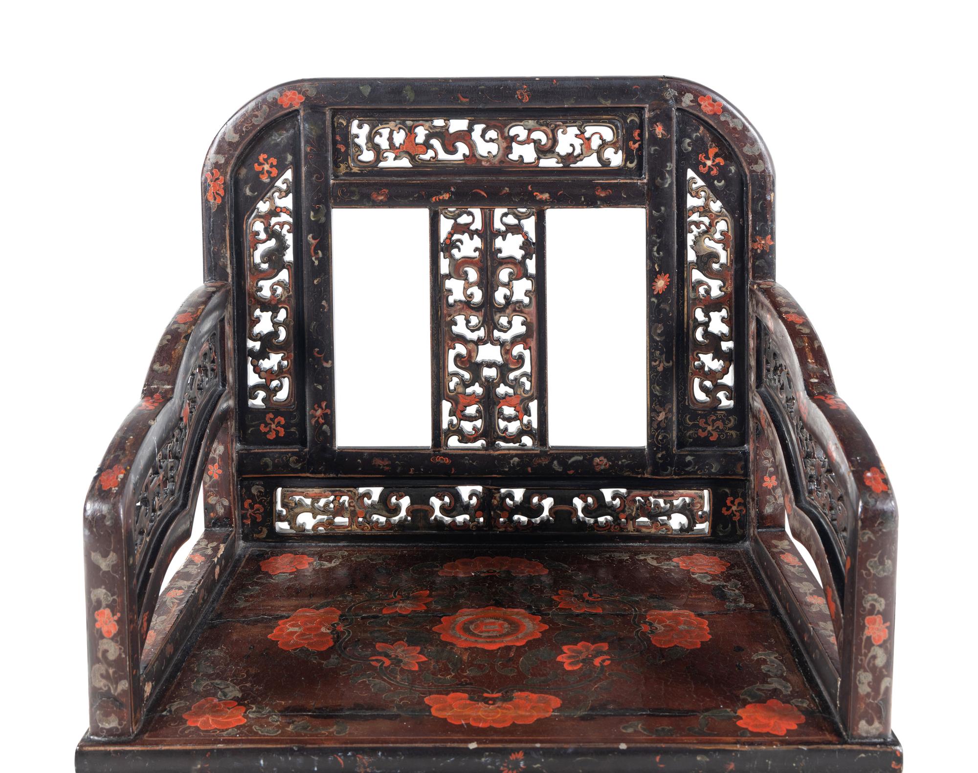 A Chinese Polychrome Lacquered Wood Armchair