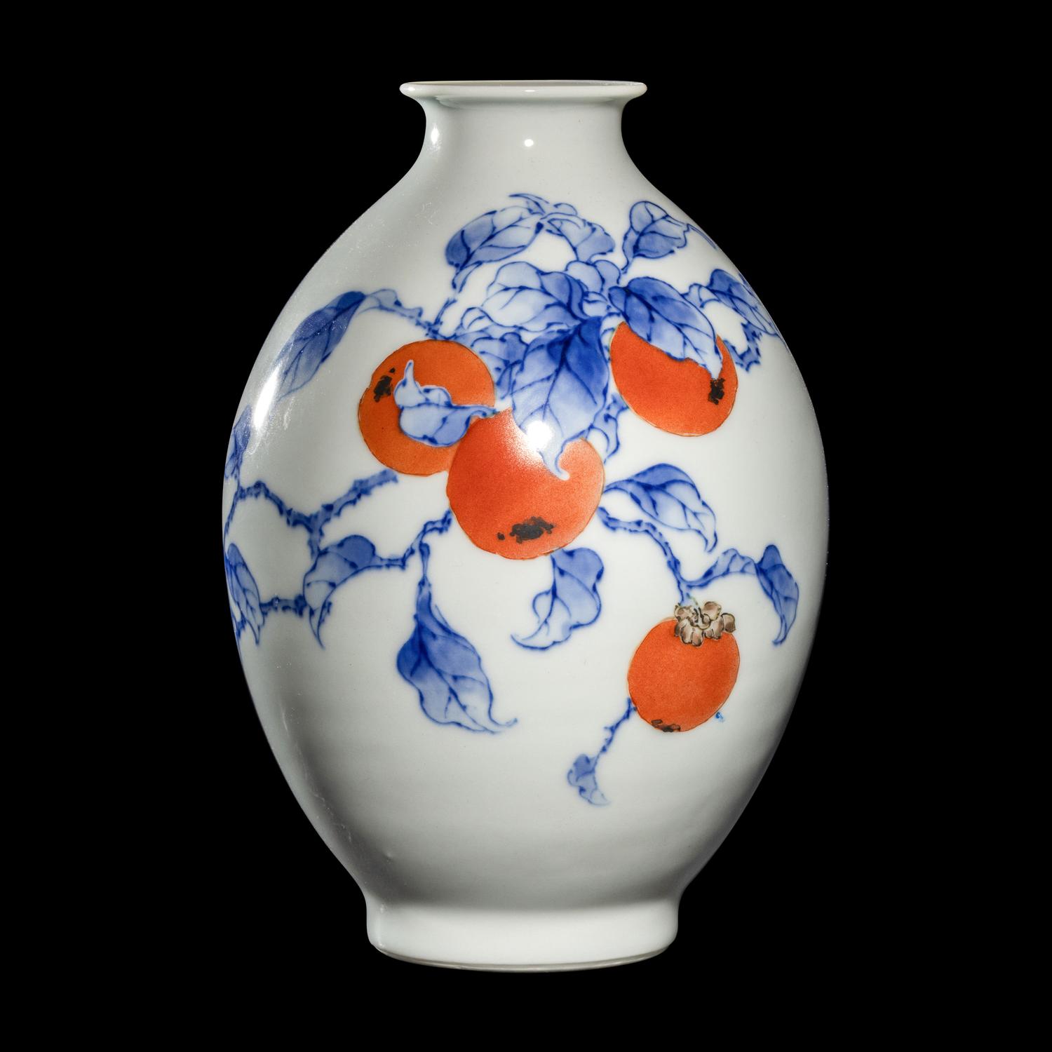 A Japanese Red, Blue, and White 'Persimmon' Porcelain Vase by Makuzu Kozan (1842-1916) 宮川香山製青花柿紋賞瓶