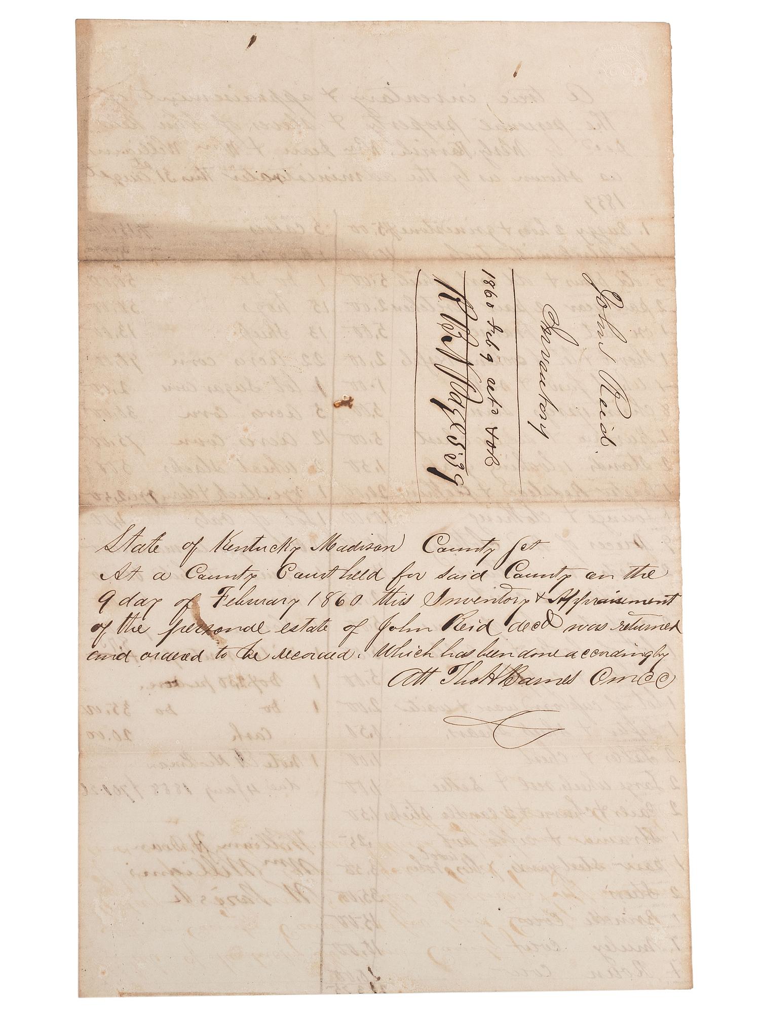 [SLAVERY & ABOLITION]. Manuscript inventory of plantation property and enslaved individuals from the estate of John Reid, Madison County, KY, 31 August 1859.