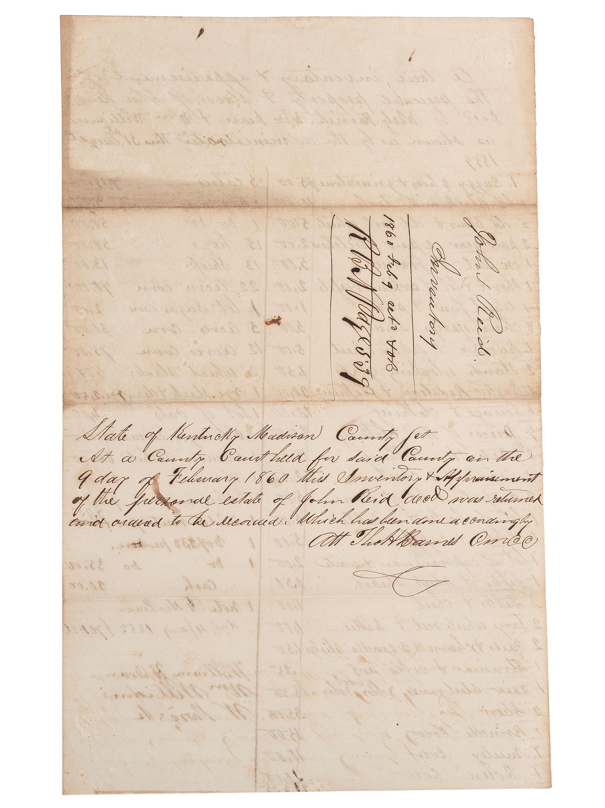 [SLAVERY & ABOLITION]. Manuscript inventory of plantation property and enslaved individuals from the estate of John Reid, Madison County, KY, 31 August 1859.