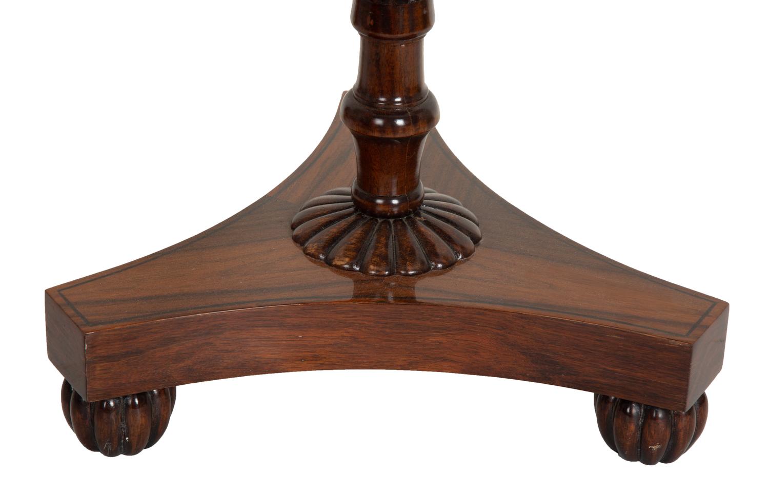 A Regency Style Rosewood Veneered Crossbanded Tea Table on Trefoil Base