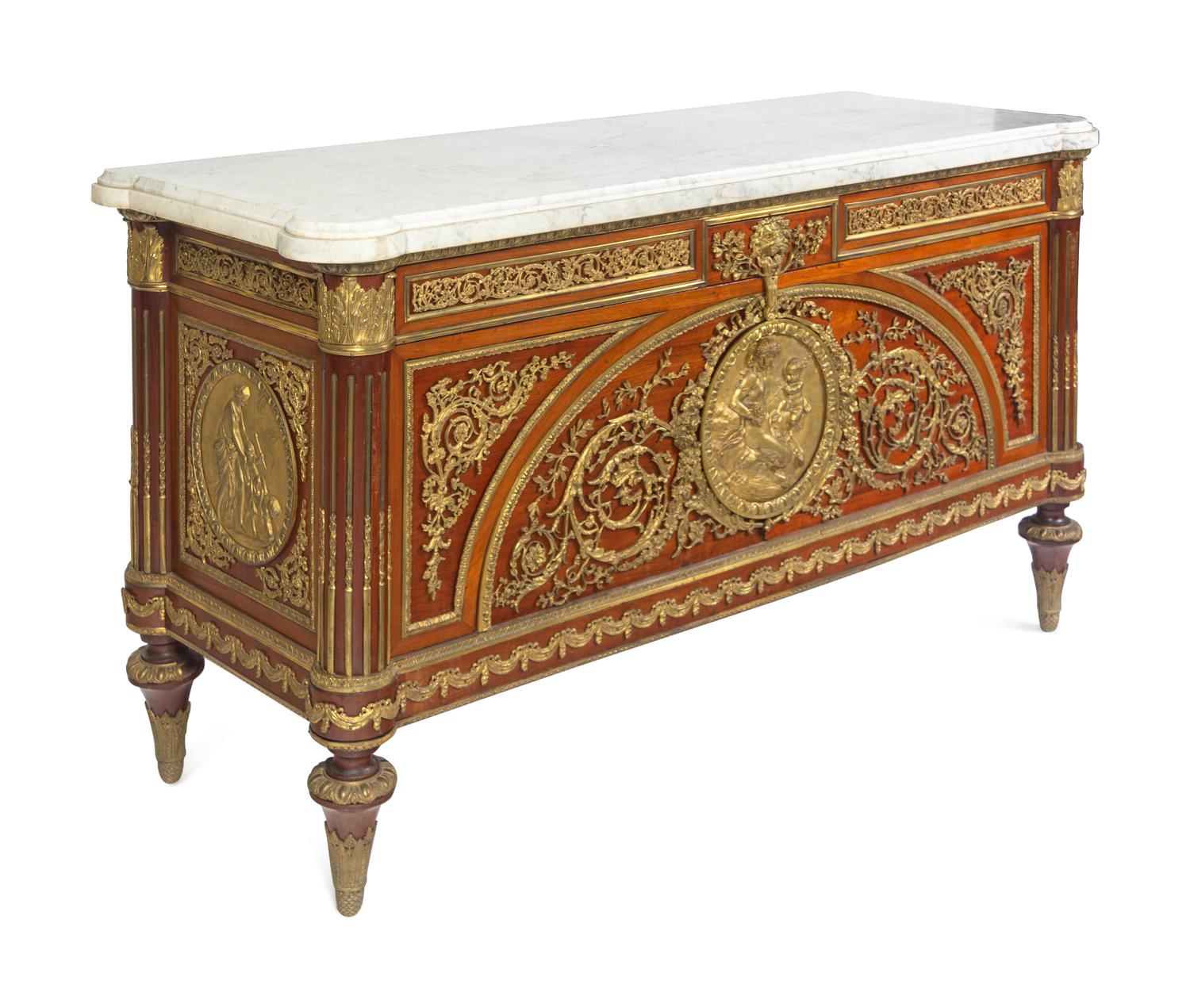 A Louis XVI Style Gilt Bronze Mounted Marble-Top Commode à Vantaux After the Model by Guillaume Benneman
