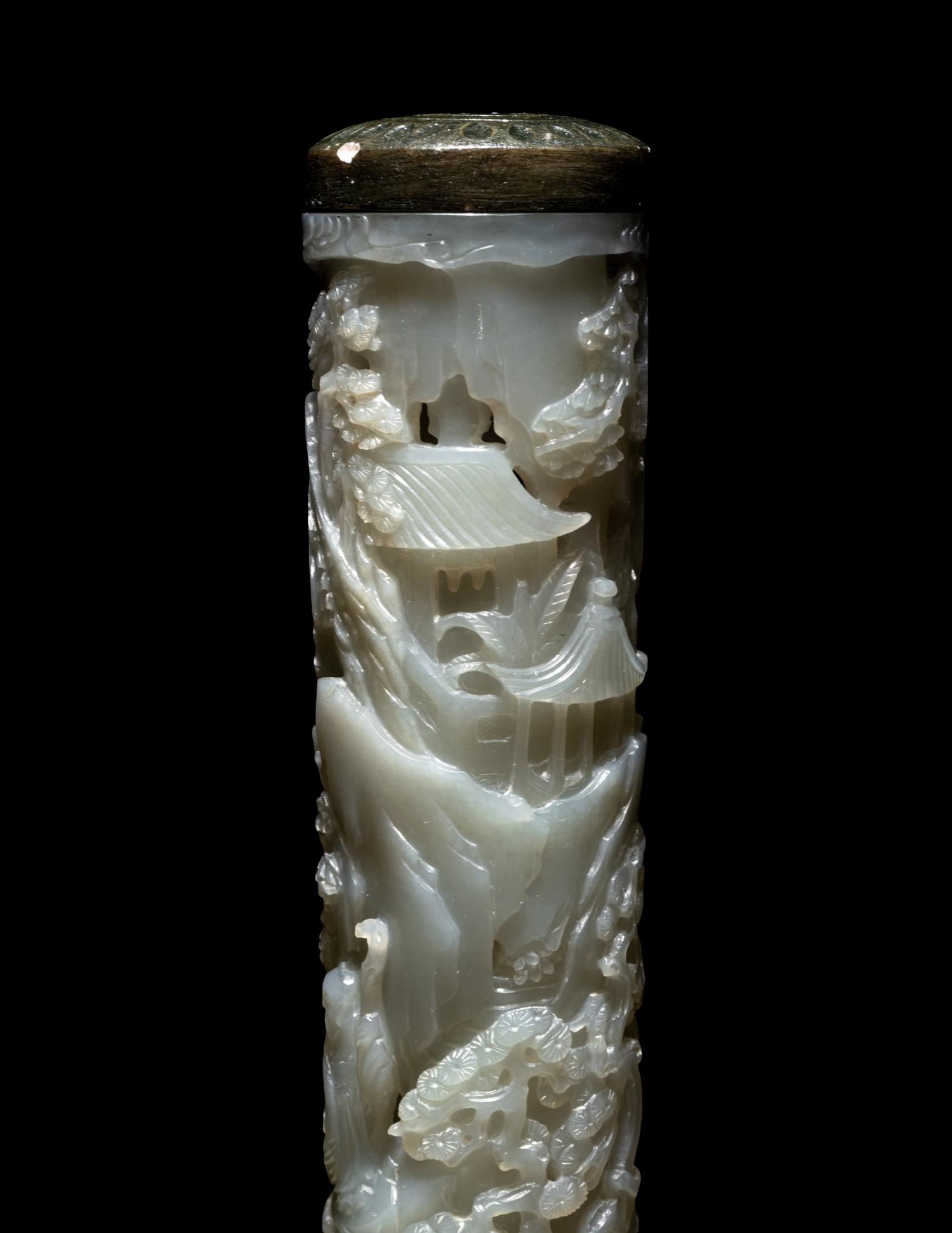 A Pair of Carved Celadon Jade Cylindrical Parfumiers