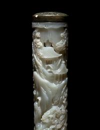 A Pair of Carved Celadon Jade Cylindrical Parfumiers