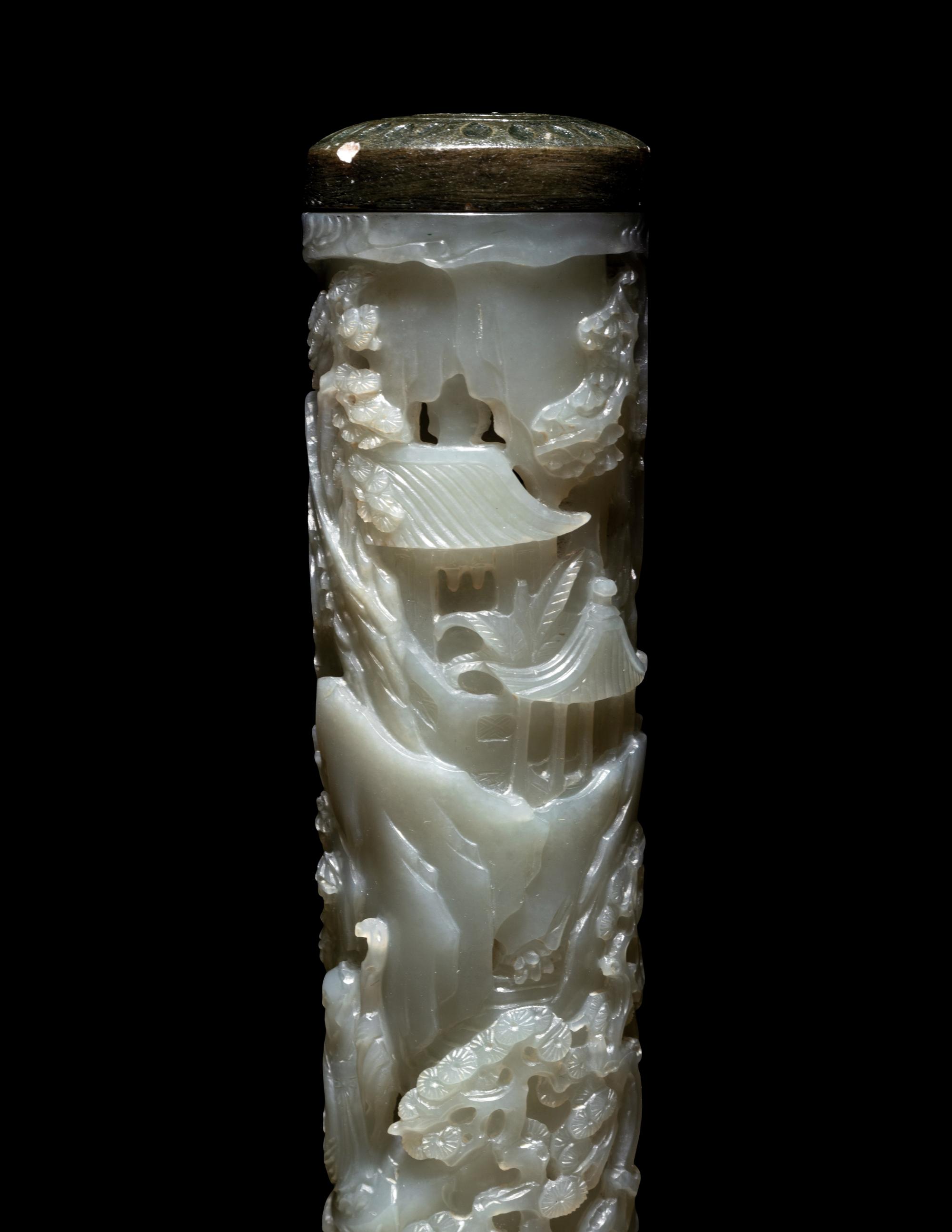 A Pair of Carved Celadon Jade Cylindrical Parfumiers
