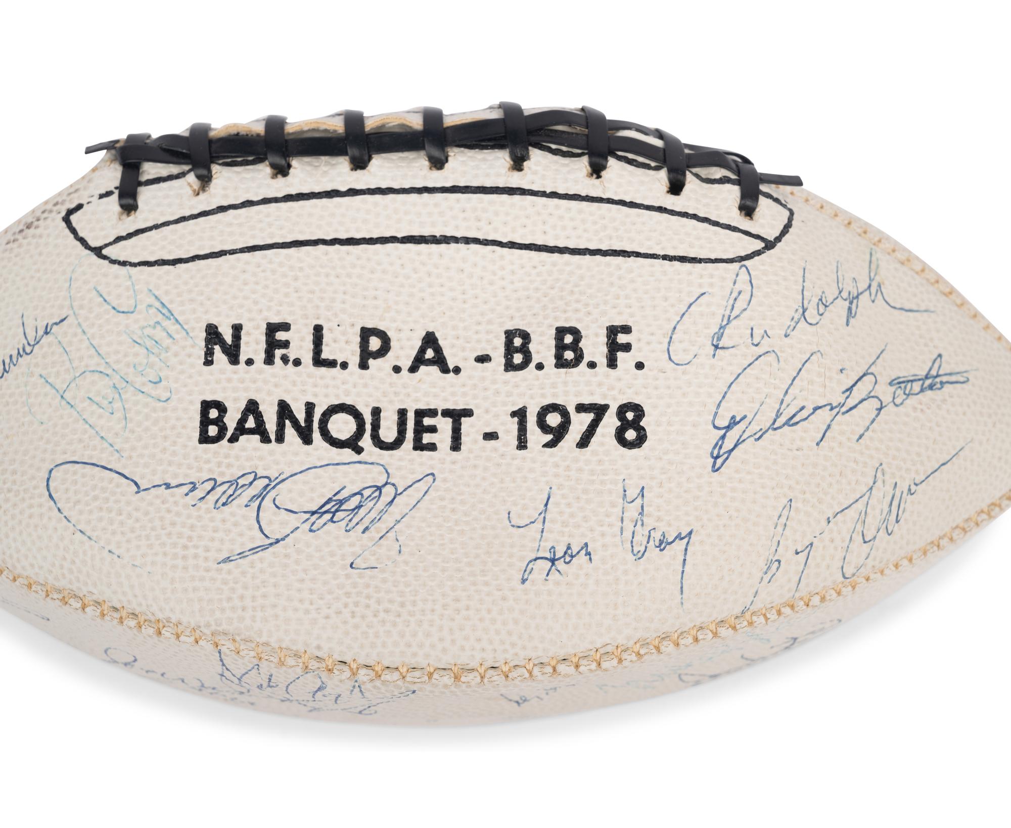 A Vintage 1978 NFLPA Banquet Multi Signed (31 Signatures) Autograph Football Including Walter Payton and Roger Staubach Period Signatures (Beckett Authentication Services Letter BAS Certified),