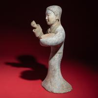 A Large Chinese Painted Pottery Lady with Drum, Han Dynasty — 漢 大型灰陶彩繪女鼓手
