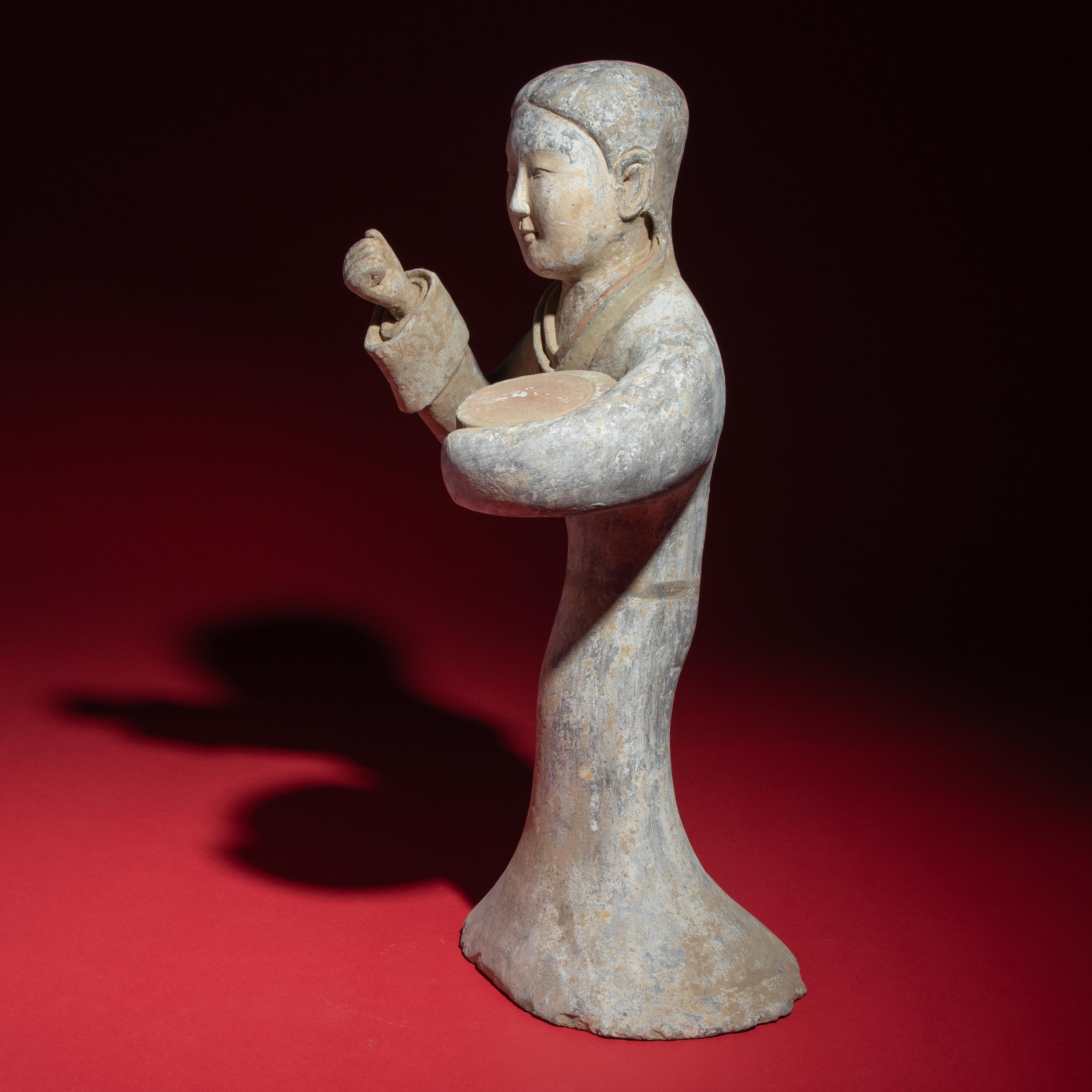 A Large Chinese Painted Pottery Lady with Drum, Han Dynasty — 漢 大型灰陶彩繪女鼓手