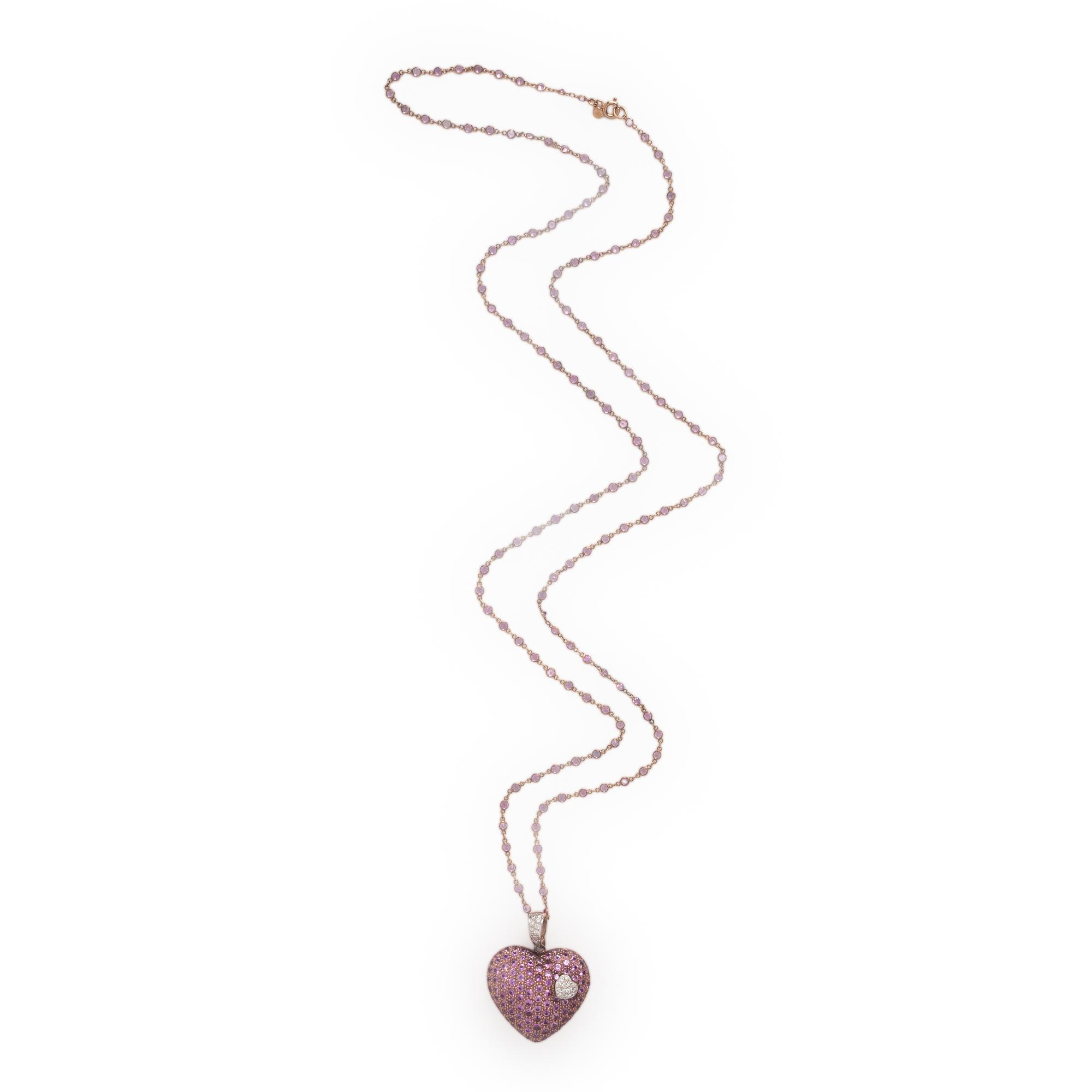 Pink Sapphire, Diamond, and Rose Gold Heart Pendant Station Necklace