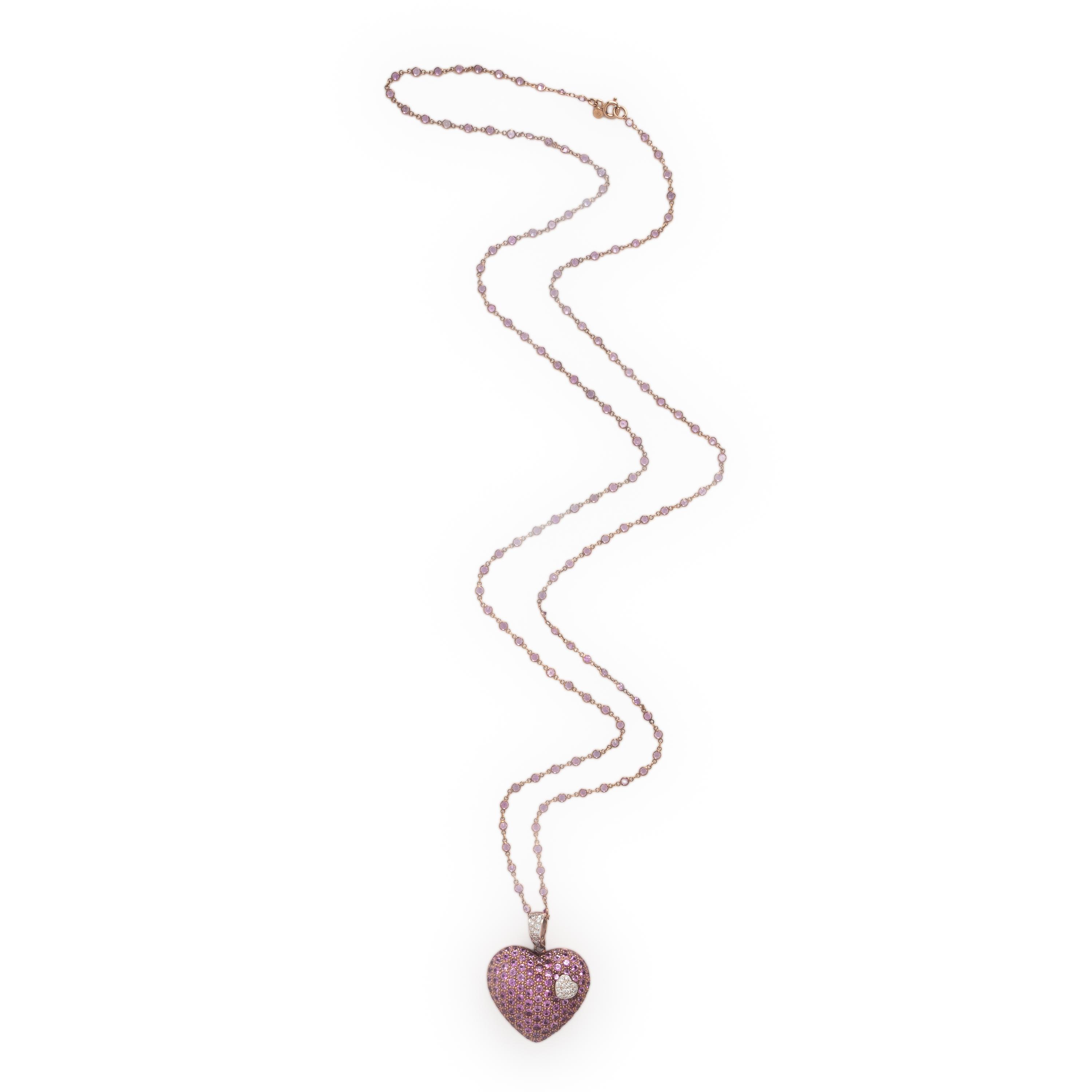 Pink Sapphire, Diamond, and Rose Gold Heart Pendant Station Necklace