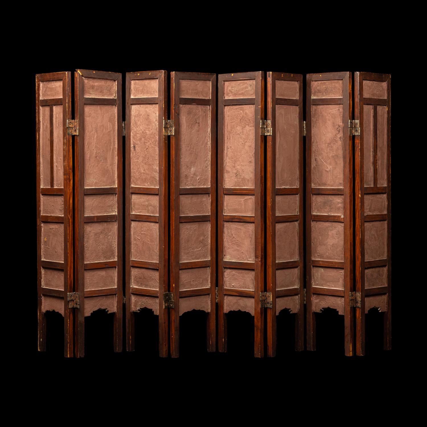 A Chinese Famille Rose Porcelain Inset Hardwood Eight-Panel Table Screen, Late Qing Dynasty 清晚期 紅木嵌瓷板八扇屏