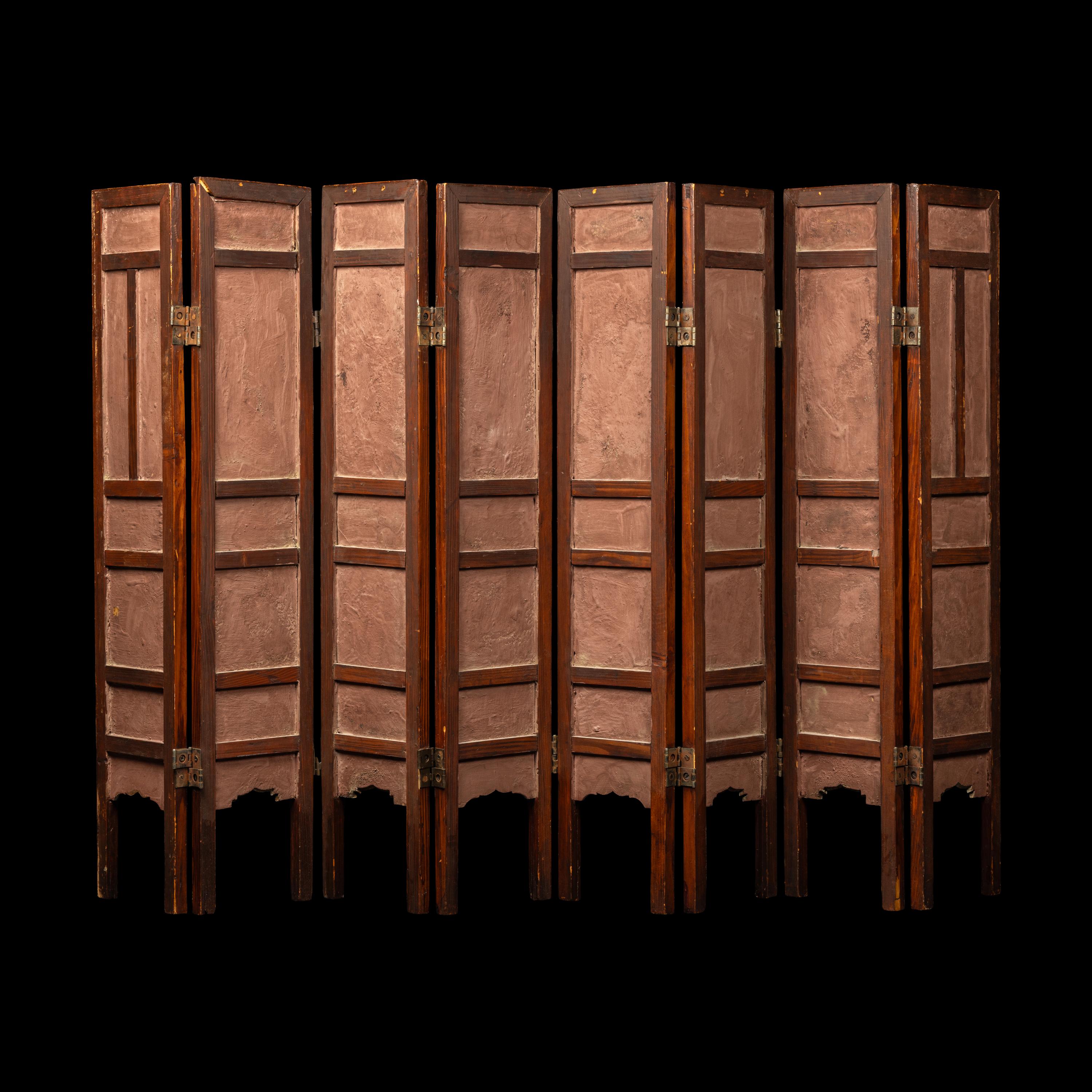 A Chinese Famille Rose Porcelain Inset Hardwood Eight-Panel Table Screen, Late Qing Dynasty 清晚期 紅木嵌瓷板八扇屏