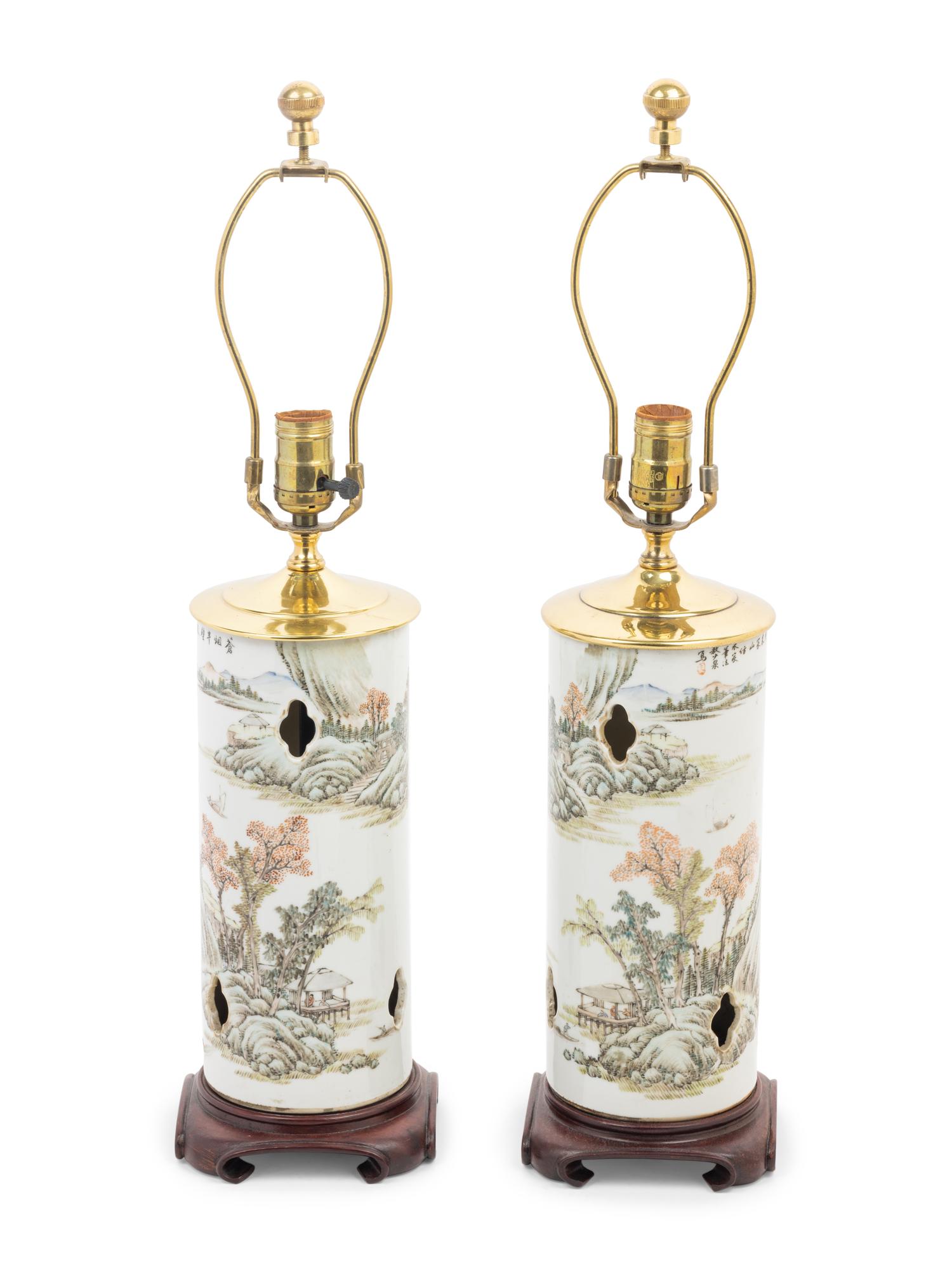 A Pair of Chinese Qianjiang Porcelain Hat Holders Mounted as Lamps
