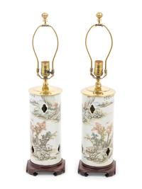 A Pair of Chinese Qianjiang Porcelain Hat Holders Mounted as Lamps