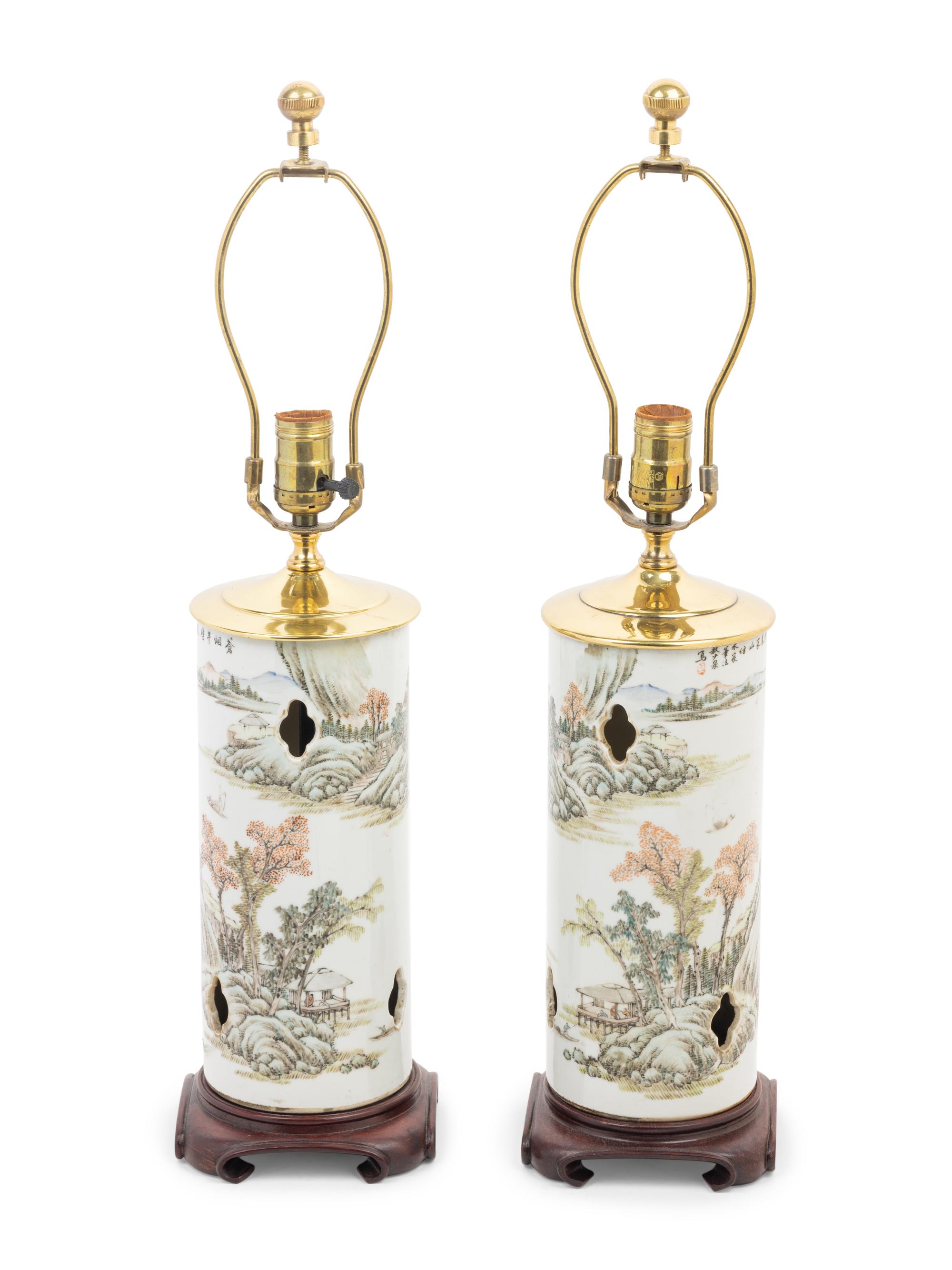 A Pair of Chinese Qianjiang Porcelain Hat Holders Mounted as Lamps