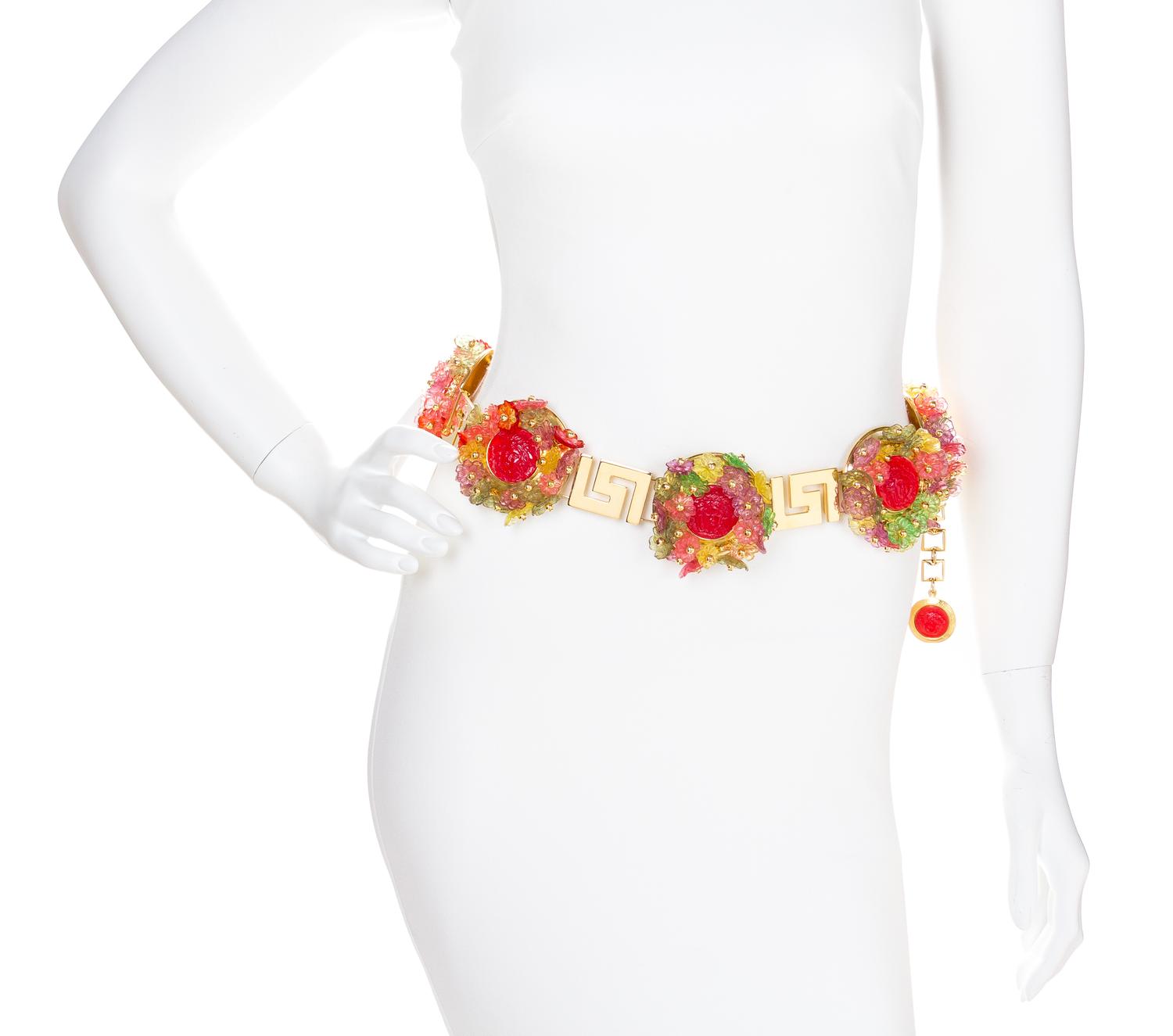 A Gianni Versace Multicolor Floral and Greco Link Belt, 34" x 1.25". Medallions: 3" x 3".