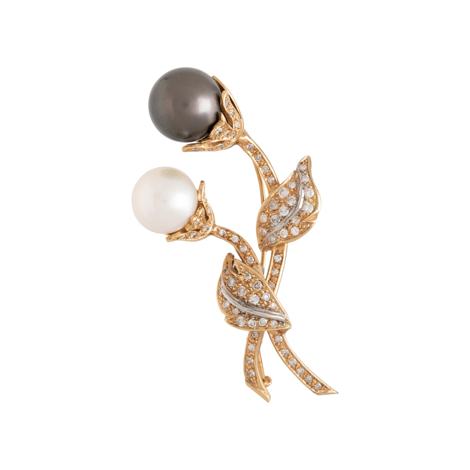 CULTURED PEARL AND DIAMOND BROOCH